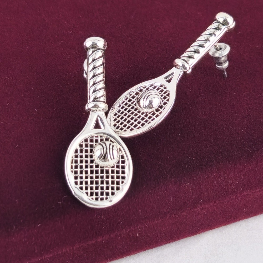 Vintage Silver Tone Tennis Racket and Ball Drop Earrings Tenniscore Sporty